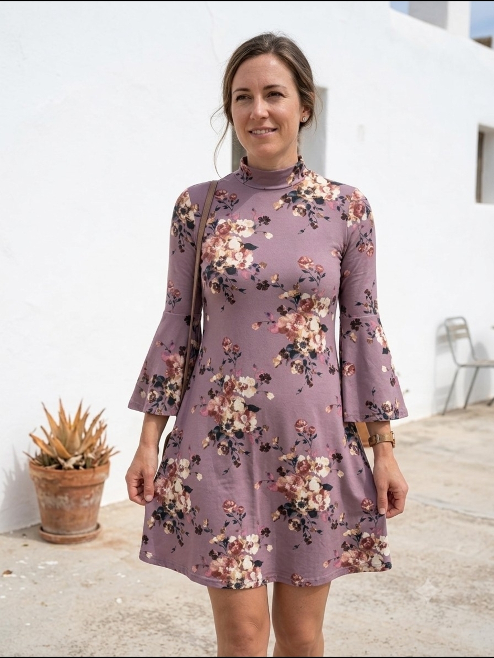 Rebel Sugar Women's Floral Mock Neck Dress Mauve Bell Sleeve Whimsical Romantic